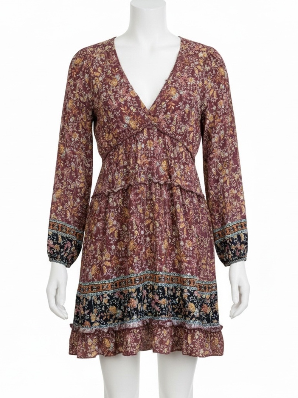 Boho Floral V-Neck Long Sleeve Mini Dress in Burgundy